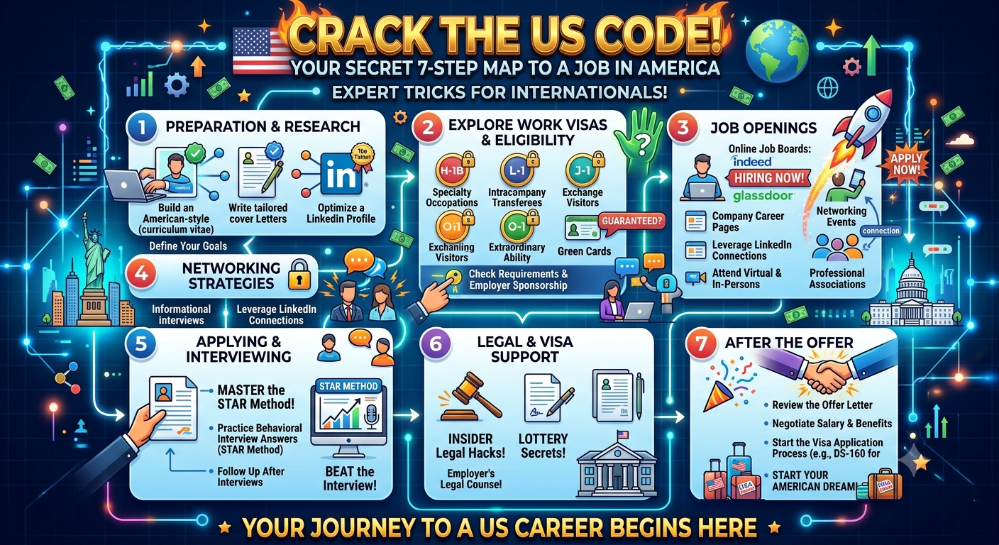 How to Find Jobs in the USA: A Complete Guide for International Job Seekers in 2026 Finding a job in the United States can be an exciting opportunity for international professionals, skilled workers, recent graduates, and people looking to build an international career. The U.S. has a large and diverse employment market covering technology, healthcare, engineering, construction, finance, logistics, hospitality, education, manufacturing, and many other industries. However, finding **jobs in the USA** from another country is different from simply searching for vacancies online. International job seekers need to understand how the U.S. job market works, which positions match their qualifications, how applications are prepared, and whether they have the legal authorization required to work. This guide explains the process step by step and provides practical information that can help international candidates organize their U.S. job search in 2026. ## Understanding the U.S. Job Market The United States has one of the world's largest employment markets. Job opportunities vary considerably depending on location, industry, experience, education, and professional skills. Major employment sectors include: * Technology and software development * Healthcare and medical services * Engineering * Construction and skilled trades * Finance and accounting * Transportation and logistics * Manufacturing * Education * Hospitality and tourism * Retail and customer service * Business and professional services * Scientific and technical occupations Instead of searching for every available position, international applicants should first identify the occupation that matches their education, experience, skills, and long-term career goals. For example, a software developer may focus on technology companies, while an experienced electrician may concentrate on construction, maintenance, manufacturing, or facilities-related employers. ## Step 1: Identify the Right Type of Job Before applying, create a list of positions that match your background. Consider these questions: * What qualifications do I have? * How many years of experience do I have? * Which skills can I demonstrate? * Does my profession require a license? * Are my qualifications recognized or transferable? * Am I looking for entry-level, mid-level, or senior positions? * Can the position be performed remotely? * Does the employer normally hire international candidates? This step can save considerable time because many U.S. vacancies have specific educational, technical, licensing, or experience requirements. ### Entry-Level Jobs People without extensive professional experience can look for entry-level opportunities in areas such as administration, customer support, hospitality, logistics, sales, technology support, and certain manufacturing roles. However, entry-level does not always mean that no qualifications are required. Employers may still look for communication skills, computer knowledge, certifications, relevant education, or previous work experience. ### Skilled and Professional Jobs Experienced candidates can search for positions related directly to their occupation. Examples include: * Software developer * Data analyst * Registered nurse * Civil engineer * Mechanical engineer * Accountant * Project manager * Electrician * HVAC technician * Construction supervisor * Truck driver * Healthcare technician The requirements vary significantly between occupations. ## Step 2: Prepare a U.S.-Style Resume Your resume is one of the most important parts of a U.S. job application. A strong resume should make it easy for a recruiter to understand your experience quickly. Generally, include: * Full name * Professional contact information * Professional summary * Relevant skills * Employment history * Education * Certifications * Relevant projects * Technical skills, where applicable Avoid adding unnecessary personal information. In many U.S. professional applications, information such as age, marital status, religion, or a photograph is generally not necessary unless specifically requested. ### Focus on Achievements Instead of only listing responsibilities, explain measurable achievements when possible. For example, rather than writing: > Responsible for managing customer accounts. A stronger description might explain the scale or result of the work, such as managing a particular number of accounts, improving response times, or supporting customer retention. The exact achievement should always be truthful and based on your actual experience. ## Step 3: Search for Jobs Through Reliable Sources International candidates should use multiple job-search channels rather than depending on a single website. Useful sources include employer career pages, professional networking platforms, established job boards, recruitment companies, and industry-specific employment websites. When searching online, use specific combinations of keywords. For example: **Profession + location** “Software Developer Jobs in Texas” **Profession + experience** “Entry Level Data Analyst Jobs” **Profession + work authorization** “Software Engineer Sponsorship” **Industry + location** “Healthcare Jobs in California” Specific searches can produce more relevant results than simply searching for “jobs in USA.” ## Step 4: Research the Employer Before Applying Before submitting an application, research the company. Look for: * Official company website * Careers page * Company location * Industry * Job responsibilities * Required qualifications * Application process * Contact information * Company reputation and publicly available information Be particularly careful with job advertisements that promise unusually high earnings for little work or request money before an interview or hiring decision. A legitimate employer generally should not require an applicant to pay money simply to receive a job offer. ## Step 5: Understand Work Authorization This is one of the most important issues for international job seekers. Being qualified for a position does not automatically give someone permission to work in the United States. Work authorization depends on the individual's circumstances and the applicable U.S. immigration category. Some international workers may require an employer-sponsored employment visa or another form of authorization. Others may already have authorization through their immigration status. Because immigration rules and procedures can change, applicants should verify current information through official U.S. government sources rather than relying solely on social media posts, old articles, or recruitment advertisements. When a job advertisement mentions sponsorship, read the employer's requirements carefully. “Visa sponsorship available” does not necessarily mean that every international applicant will qualify. ## Step 6: Look for Employers Open to International Candidates Not every employer recruits internationally. If you need employer sponsorship, searching specifically for employers and positions that have experience hiring international workers can make your search more targeted. Useful search phrases can include: * Jobs with sponsorship * Employer sponsorship jobs * International applicants jobs * Skilled worker opportunities * Global recruitment * International talent However, always verify the actual sponsorship policy with the employer. A job advertisement mentioning international recruitment does not necessarily guarantee sponsorship for a particular applicant. ## Step 7: Build a Professional Online Presence A professional online profile can help recruiters understand your background before contacting you. Keep your professional information consistent across your resume and professional networking profiles. Your profile can include: * Professional headline * Summary * Work experience * Education * Certifications * Skills * Projects * Portfolio links For technology, design, writing, engineering, research, and other portfolio-based careers, showing relevant work can make it easier for employers to evaluate your capabilities. ## Step 8: Prepare for U.S. Job Interviews Interview formats vary by company and position. You may encounter: * Phone interviews * Video interviews * Technical interviews * Behavioral interviews * Panel interviews * Practical assessments * Multiple interview rounds Common questions may include: * Tell me about yourself. * Why are you interested in this position? * What experience do you have with this type of work? * What are your strongest professional skills? * Describe a difficult problem you solved. * Why do you want to work for this company? * What are your career goals? Prepare specific examples from your previous experience. A useful approach is to explain the situation, what you were responsible for, what action you took, and what result followed. ## Step 9: Understand Salary Information Salary is an important part of evaluating a job, but international candidates should look beyond the headline salary. Compensation may include: * Base salary * Bonuses * Overtime * Commission * Health benefits * Retirement benefits * Paid leave * Other employer benefits The advertised salary can also vary significantly depending on location and experience. For example, a particular occupation may have very different compensation levels in major metropolitan areas compared with smaller cities. When researching salary, compare information from reliable sources and check whether figures represent annual salary, hourly pay, base compensation, or total compensation. ## Step 10: Consider the Location The United States is geographically large, and employment conditions differ considerably between states and cities. Before accepting an opportunity, research: * Housing costs * Transportation * Local taxes * Healthcare expenses * Typical salary levels * Weather * Industry concentration * Distance from major cities * Availability of public transportation A higher salary does not necessarily mean a higher standard of living if living costs are also substantially higher. ## Jobs in the USA for Different Experience Levels ### For Recent Graduates Recent graduates can explore internships, graduate roles, junior positions, trainee opportunities, and entry-level jobs. Relevant skills, projects, internships, certifications, and academic work can strengthen an application when professional experience is limited. ### For Experienced Professionals Experienced candidates should highlight specific accomplishments rather than simply listing job duties. Leadership experience, specialized technical skills, industry certifications, project management, and measurable results can all be relevant. ### For Skilled Workers Skilled trades can include areas such as electrical work, plumbing, welding, HVAC, construction, equipment maintenance, and other technical occupations. Some occupations may have state-specific licensing or certification requirements, so candidates should investigate those requirements before planning employment. ## Common Mistakes International Job Seekers Should Avoid ### Applying to Every Job Sending hundreds of unrelated applications can be less effective than applying selectively to positions that genuinely match your qualifications. ### Using the Same Resume Everywhere Different positions emphasize different skills. Adjust your resume so that relevant experience is easy to identify. ### Ignoring Work Authorization Always understand whether you are legally authorized to work for the position and whether additional authorization may be required. ### Paying for a Job Offer Be cautious about anyone asking for money in exchange for a guaranteed job, interview, or employment offer. ### Trusting Unverified Recruitment Messages Verify employers through official websites and independently confirm contact details. ### Exaggerating Qualifications Never claim certifications, experience, education, or skills that you do not actually possess. Background checks and professional verification can expose inaccurate information. ## How Long Does It Take to Find a Job in the USA? There is no fixed timeline. The process can depend on: * Your occupation * Experience * Education * Location * Number of suitable vacancies * Employer hiring process * Interview performance * Work authorization * Industry conditions International applicants may also have additional steps compared with candidates who already have unrestricted work authorization. Instead of focusing on a specific number of days, create a consistent job-search routine. For example, you could: 1. Identify suitable vacancies. 2. Research each employer. 3. Customize your resume. 4. Submit applications. 5. Track applications. 6. Follow up when appropriate. 7. Prepare for interviews. 8. Continue improving relevant skills. ## How to Organize Your Job Search Create a simple application tracker containing: | Information | Example | | ---------------- | --------------------------- | | Company | Employer name | | Position | Job title | | Location | City and state | | Application Date | Date submitted | | Job Link | Original vacancy | | Status | Applied/Interview/Closed | | Contact | Recruiter or hiring contact | | Notes | Important requirements | This prevents you from losing track of applications and makes your search more organized. ## Frequently Asked Questions ### Can foreigners get jobs in the USA? Yes, international workers can work in the United States when they meet the requirements for the relevant employment authorization or immigration category. The exact requirements depend on the individual's circumstances and the type of employment. ### Can I find a U.S. job while living outside the USA? Yes, international candidates can search and apply for U.S. vacancies from outside the country. However, whether an employer can hire you depends on the position, your qualifications, and your ability to obtain or already hold the necessary work authorization. ### Which industries hire international workers? International recruitment varies by employer and occupation. Technology, healthcare, engineering, research, specialized professional services, and certain skilled occupations may have opportunities for qualified international candidates, but requirements differ substantially. ### Do all U.S. jobs provide visa sponsorship? No. Many positions do not provide sponsorship. Candidates who require sponsorship should carefully examine the employer's stated requirements and confirm the policy when necessary. ### Is a U.S. resume different from a resume used in other countries? Resume conventions can differ between countries. A U.S.-focused resume generally emphasizes relevant professional experience, skills, education, and achievements while avoiding unnecessary personal information. ## Final Thoughts Finding **jobs in the USA** as an international candidate requires more than simply submitting applications online. A successful search starts with identifying suitable occupations, preparing a professional resume, researching employers, understanding work authorization, and applying selectively to relevant positions. The U.S. employment market contains opportunities across many industries, but the right opportunity depends on your qualifications, experience, location preferences, career goals, and legal ability to work. For 2026 and beyond, international job seekers should focus on building skills that employers actually need, maintaining accurate professional profiles, researching companies carefully, and verifying employment and immigration information through reliable sources. Most importantly, treat your job search as a structured process rather than a numbers game. A targeted application supported by relevant skills and a clear professional profile can provide a much stronger foundation than sending the same resume to every vacancy.